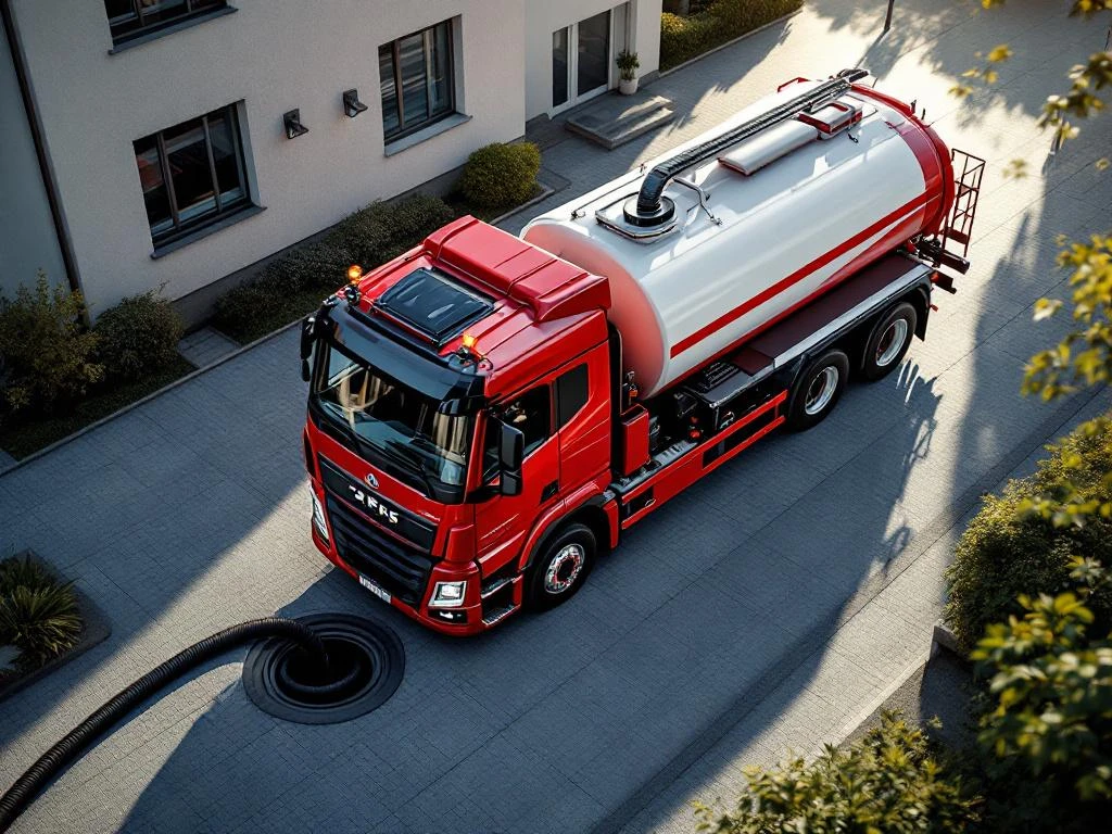 Red and white septic tank truck with hose at sewage point on driveway in front of Norwegian apartment building