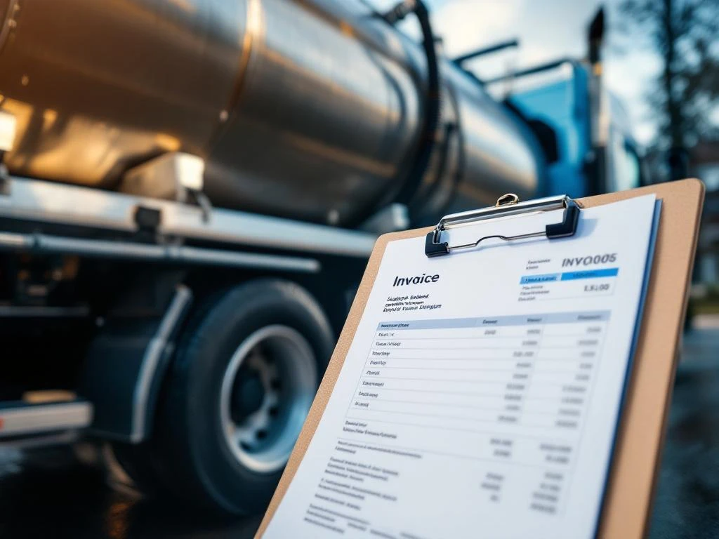 Fakturadokument på utklippstavle foran industriell septiktømme-lastebil med sugesslange ved norsk eiendom