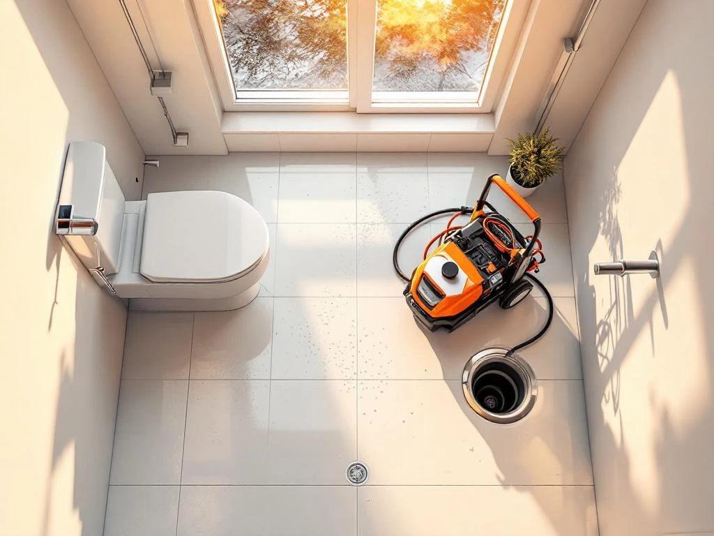 Professional car wash with high pressure hose on white tiles in modern bathroom with toilet and chrome details