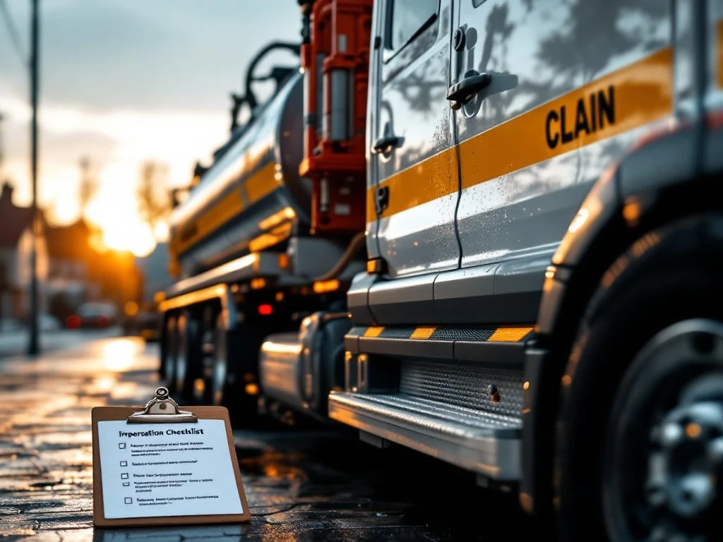 High-pressure washer parked in front of Norwegian residential area, clipboard on step symbolizes preparation