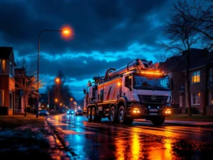 Spylebil med varsellys parkert på våt gate i boligområde om kvelden, klar for akutt kloakkservice