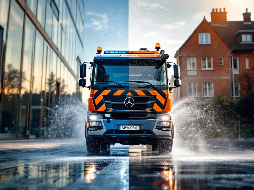 High-pressure cleaning truck in action between modern office buildings and traditional brick buildings in Norway---**Task**: Generate alt text **Language**: Norwegian (Bokmål) **Character count**: 98