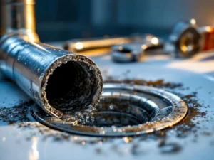 Clogged drain pipe in cross section with accumulated dirt, water droplets on chrome, and plumbing tools in the background
