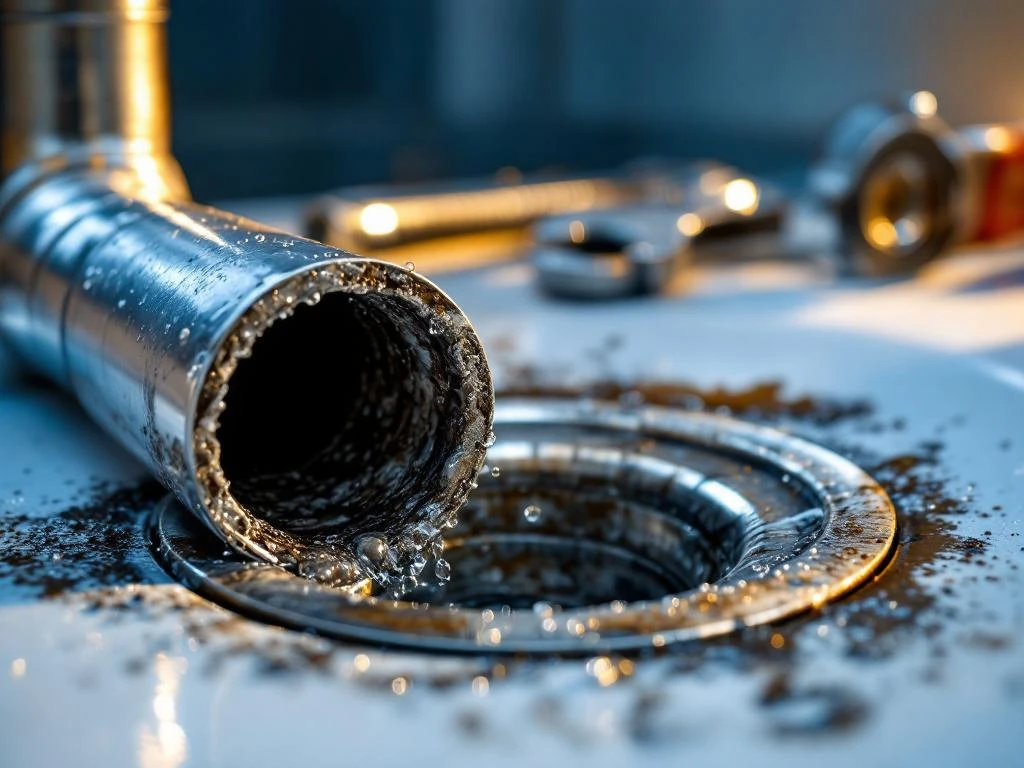 Clogged drain pipe in cross section with accumulated dirt, water droplets on chrome, and plumbing tools in the background