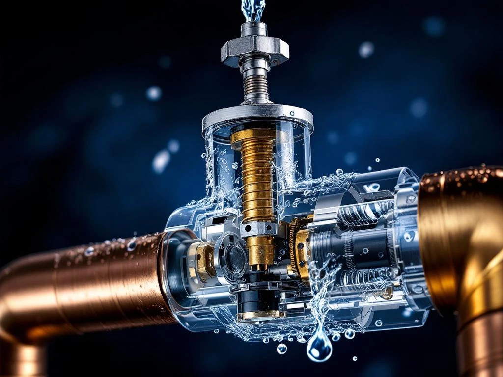 Cross section of chrome check valve with spring-loaded mechanism and moving water particles against blue background