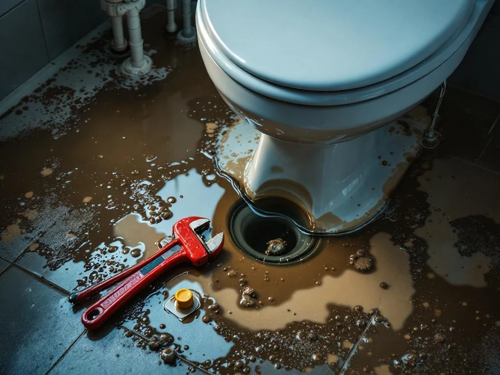 Flooded bathroom floor with water leaking from toilet base, red pipe wrench and plumber tools in foreground