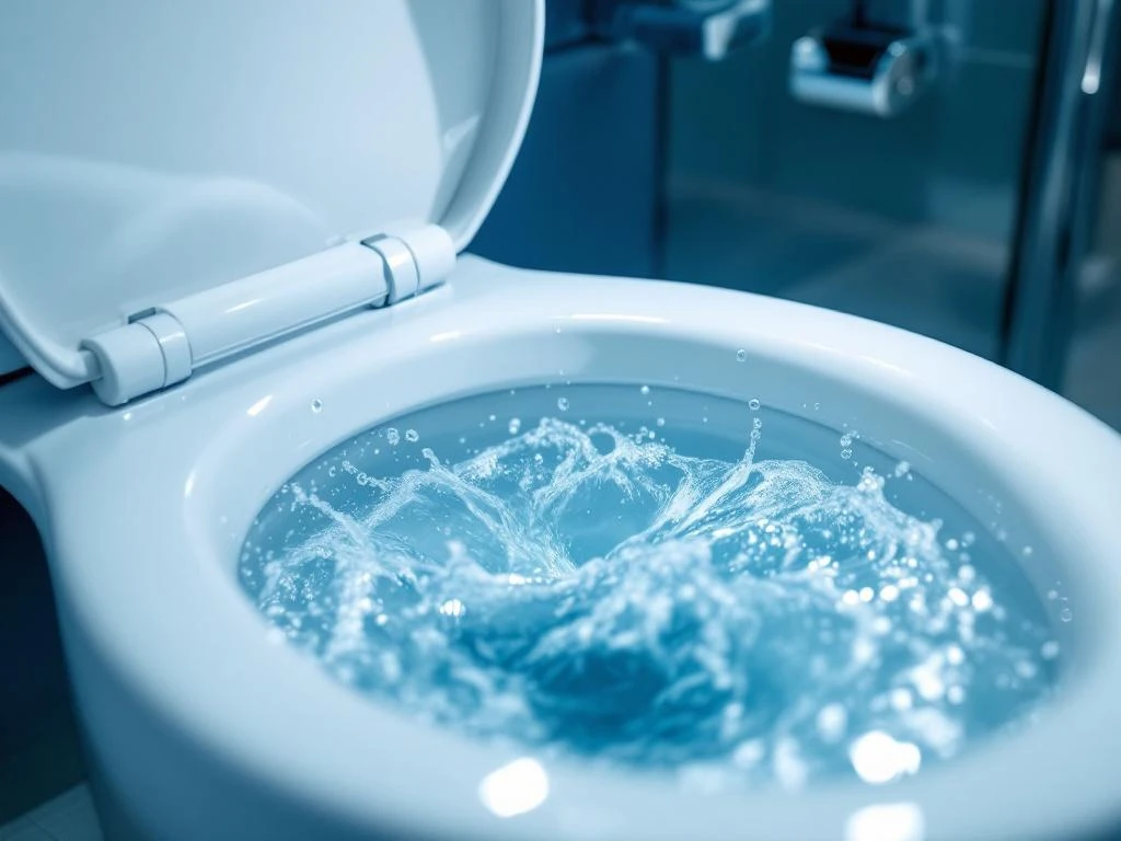 Hvit porselen toalettskål med vannstråler i aksjon, dramatisk belysning fremhever glatt keramikk og hygiene