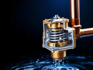 Cross section of brass pressure reducing valve with spring and diaphragm mounted on copper pipe with water flow