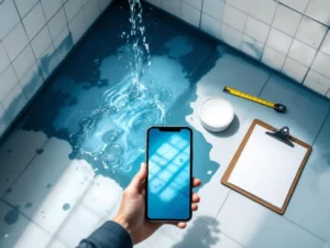 Smarttelefon fotograferer vannskade på baderomsgulv med fuktflekker, utfylt skjema og målebånd ved siden av