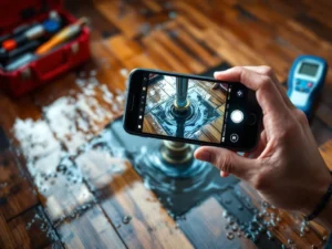 Smarttelefon dokumenterer vannlekkasje ved kromrør på tregulv med verktøykasse og fuktighetsmåler
