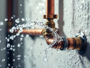 Water splashing from a cracked copper pipe against white wall with shut-off valve in foreground, emergency plumbing situation