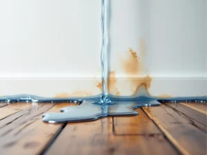 Vannlekkasje renner nedover hvit vegg og samler seg på gulv med vannskade og oppsvulming av treverk