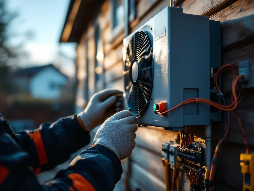 Electrician installing electrical connections on wall-mounted heat pump, with tools and copper wires in the foreground