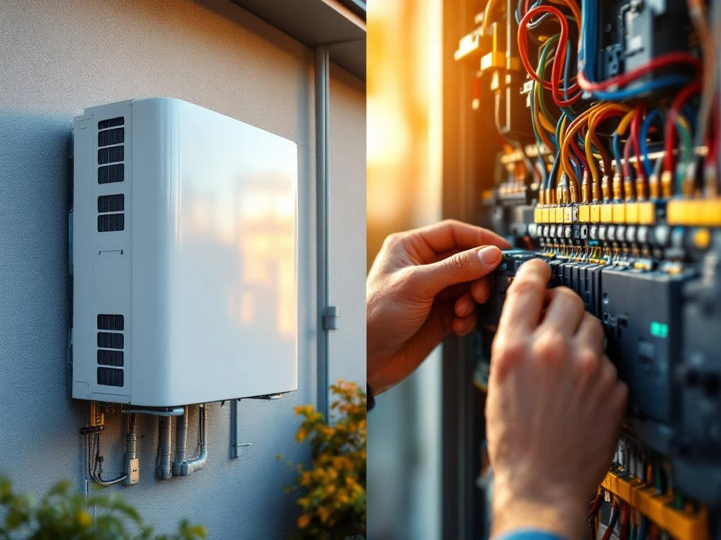 Varmepumpe montert på vegg og elektriker som kobler fargerike ledninger til sikringspanel