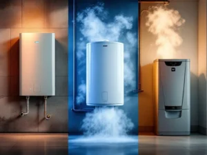 Tre typer varmtvannsberedere: veggmontert tankløs enhet, tradisjonell lagringstank og kompakt varmepumpesystem