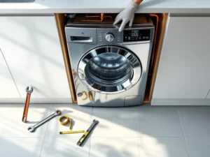Installer installing chrome washing machine in white kitchen with tools and visible pipe connections